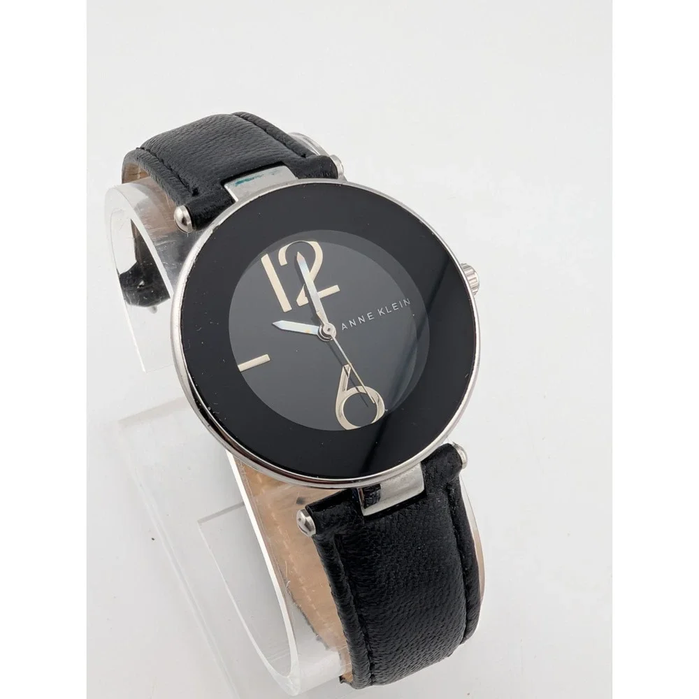 Anne Klein Watch Women 34mm Silver Case Black Leather Band AK/1065 New Battery